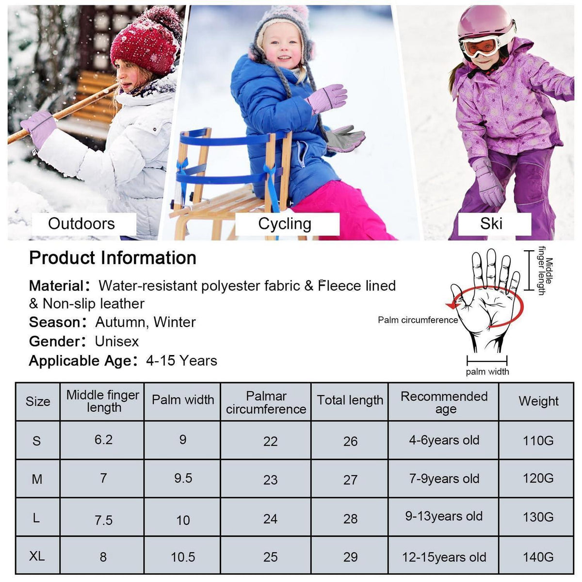 Kinder Skihandschuhe wasserdicht warm violett M (7-9 Jahre)