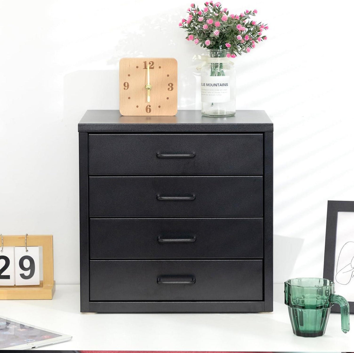 HollyHOME Schreibtisch Aktenschrank 4 Schubladen A4 Schwarz