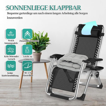 Klappbare Sonnenliege mit Kissen und Getränkehalter, 72cm breit, grau, belastbar bis 240kg