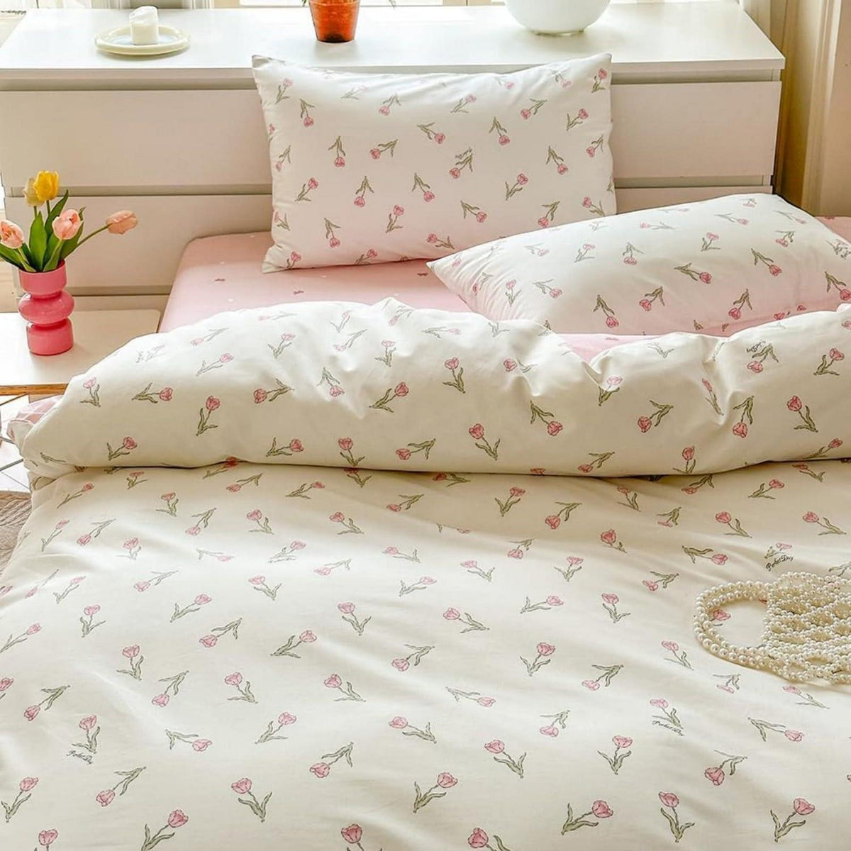 Baumwoll Bettwäsche Set 220x240 mit Blumenmuster Rosa Weiß