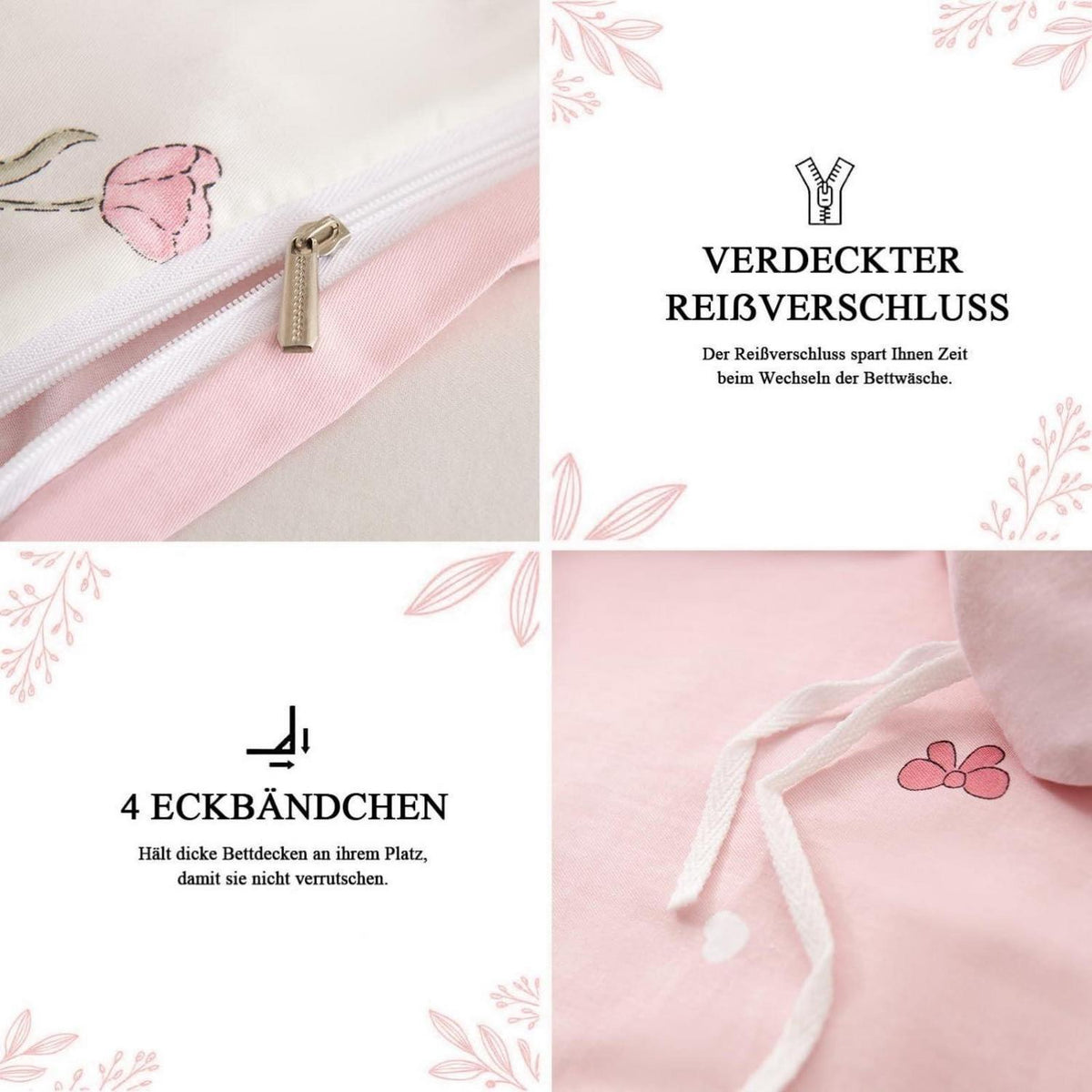 Baumwoll Bettwäsche Set 220x240 mit Blumenmuster Rosa Weiß