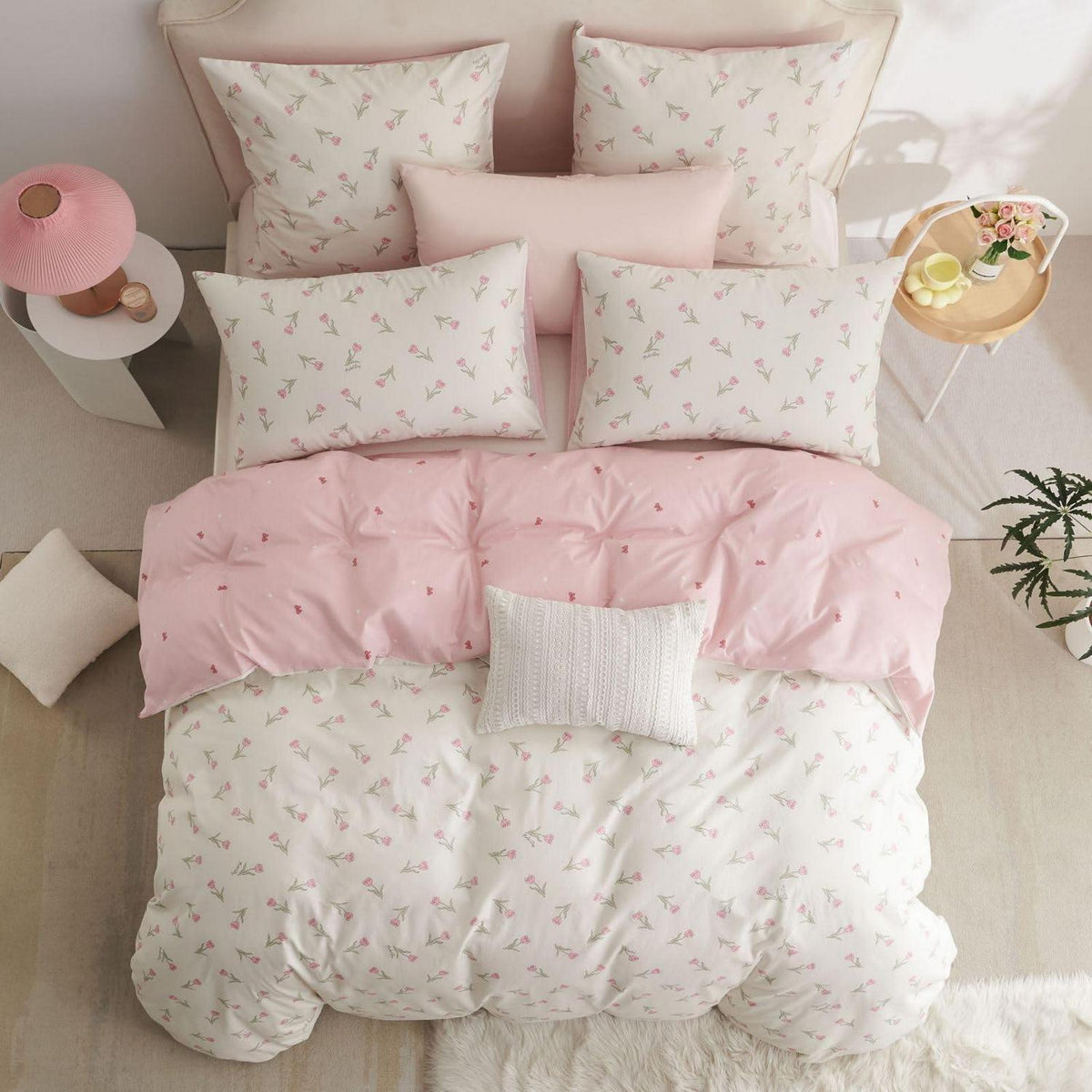 Baumwoll Bettwäsche Set 220x240 mit Blumenmuster Rosa Weiß