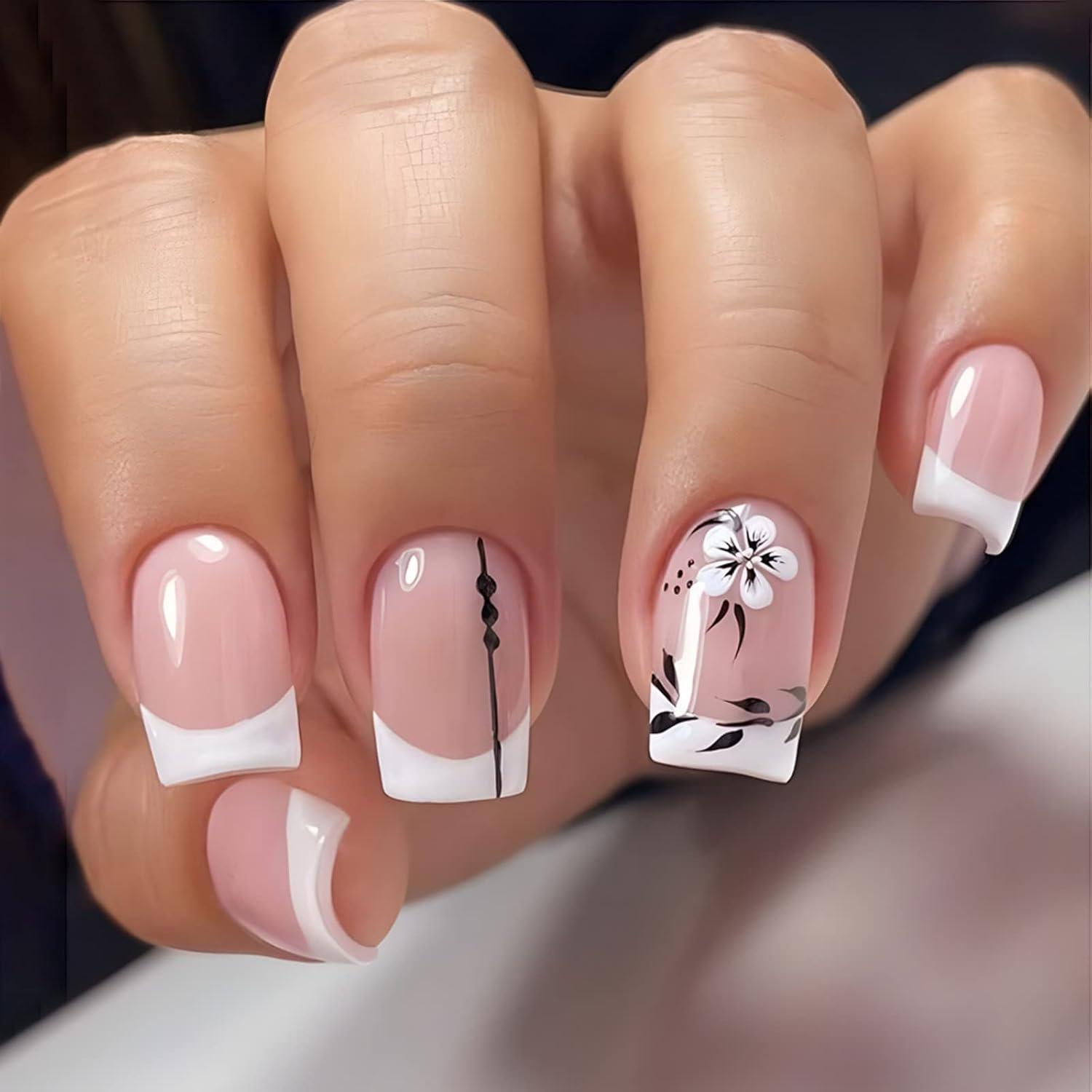 24 Stück Blumen Nägel Aufkleben Weiß Eckig Press on Nails Glossy