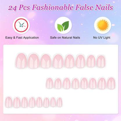 24 Stück Künstliche Nägel Oval Glitzer Nude French Tip Full Cover