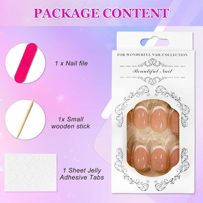 24er Künstliche Nägel Set Glitzer Nude French Weiß Tip Oval Kunstnägel