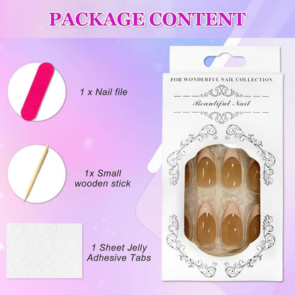 24 Stück Künstliche Nägel, Mandel Form, Nude, Glänzend, Press on Nails