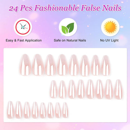 24er Set Künstliche Nägel Mandel Design, Nude Rosa Press on Nails