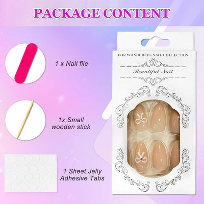 24 Stück Künstliche Nägel Mandel Glänzend Nude Rosa mit Fliege