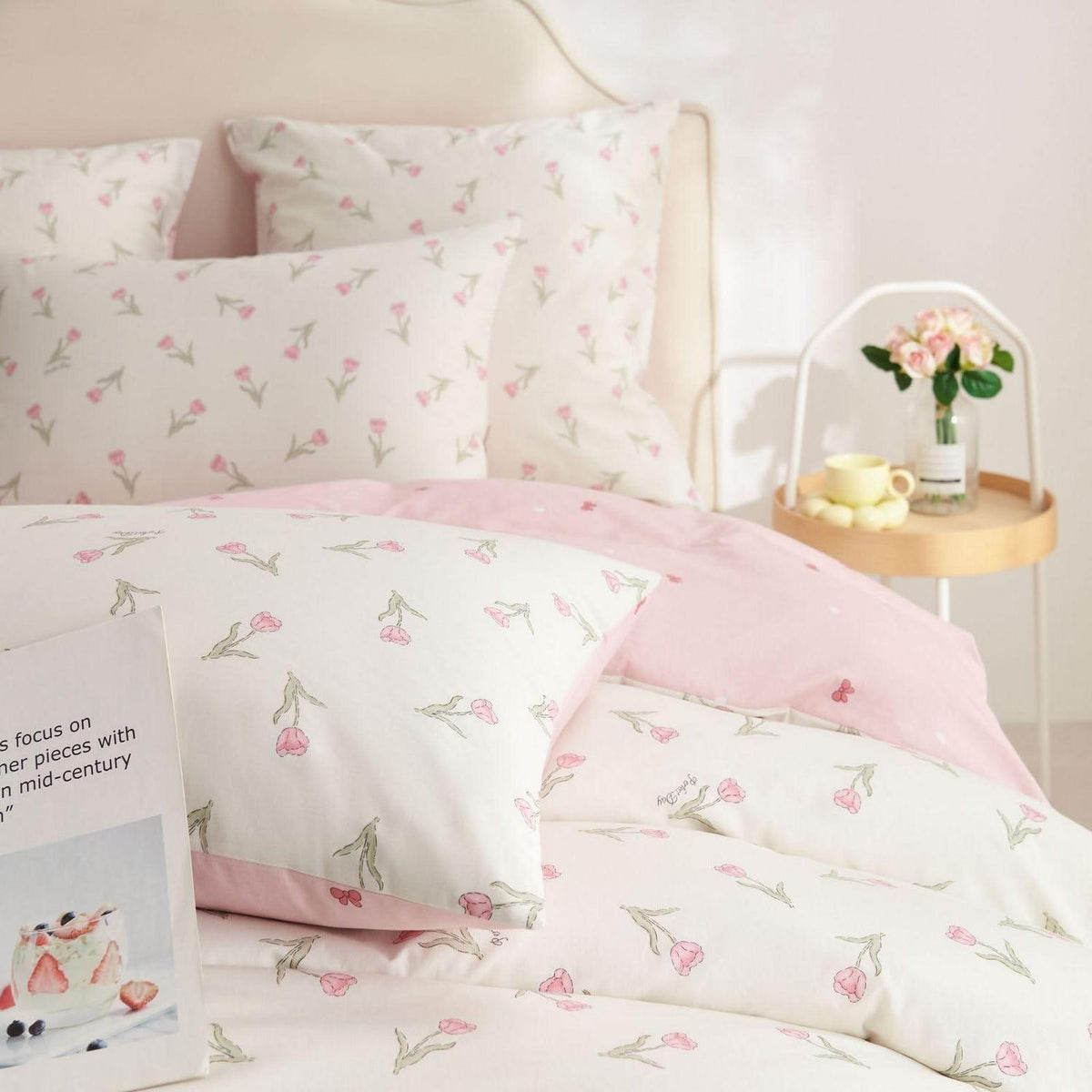 Baumwoll Bettwäsche Set Blumen Weiß Rosa 155x220 cm