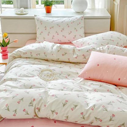 Baumwoll Bettwäsche Set Blumen Weiß Rosa 155x220 cm