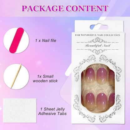 24er Set Gradient Rosa Lila Künstliche Fingernägel Kurz Oval Glänzend