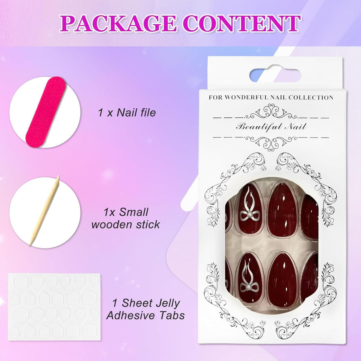 24 Stück Press on Nägel Mandel Glänzend Nude Rot French Tip Kirsch