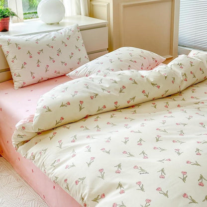Baumwoll Bettwäsche Set 200x220 mit Blumenmuster Rosa Weiß