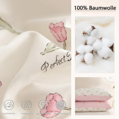 Baumwoll Bettwäsche Set 200x220 mit Blumenmuster Rosa Weiß