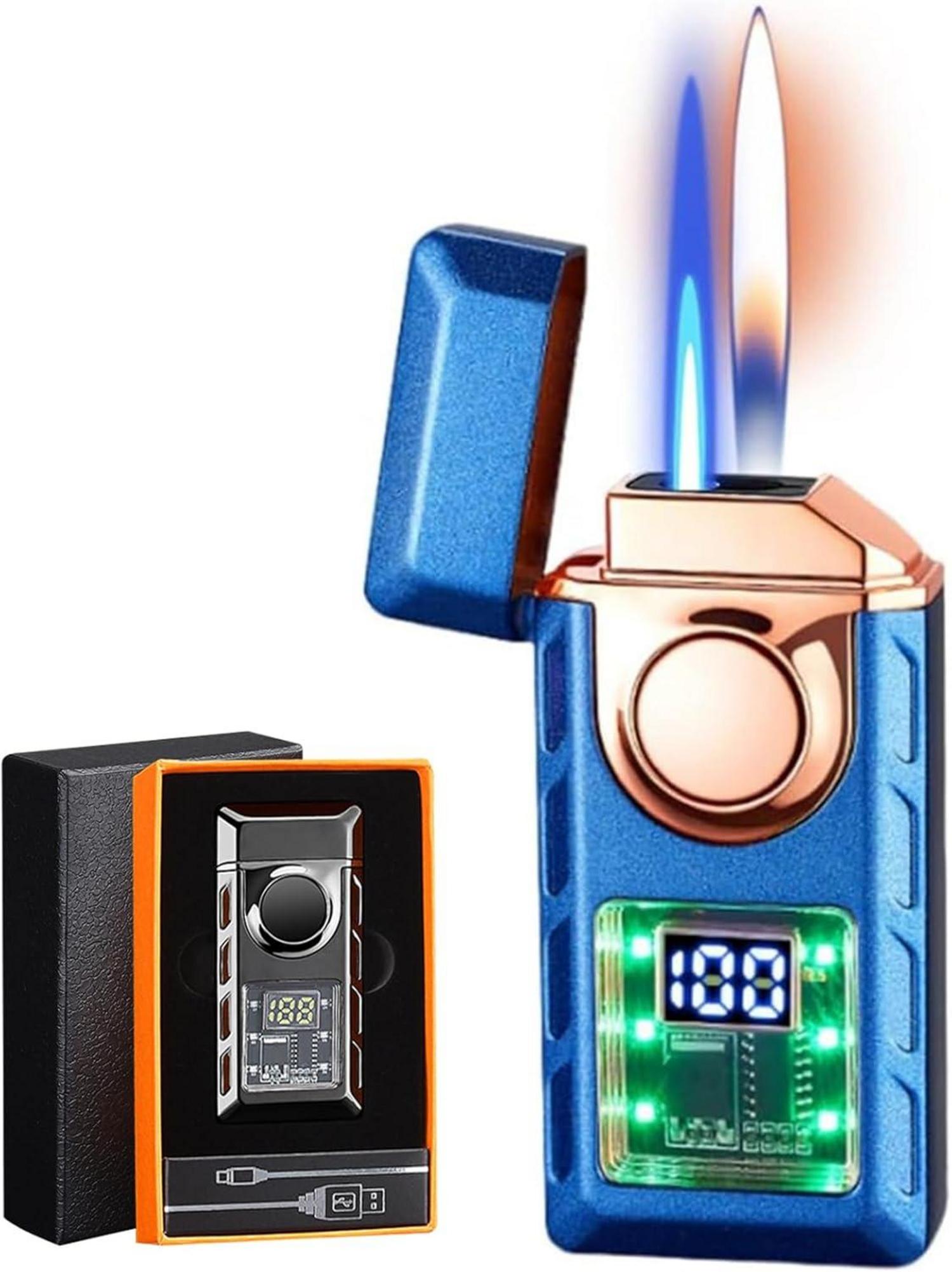 Multi-Functional Dual Flame Lighter with Colored Lights, Blue