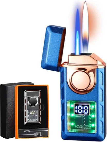 Multi-Functional Dual Flame Lighter with Colored Lights, Blue