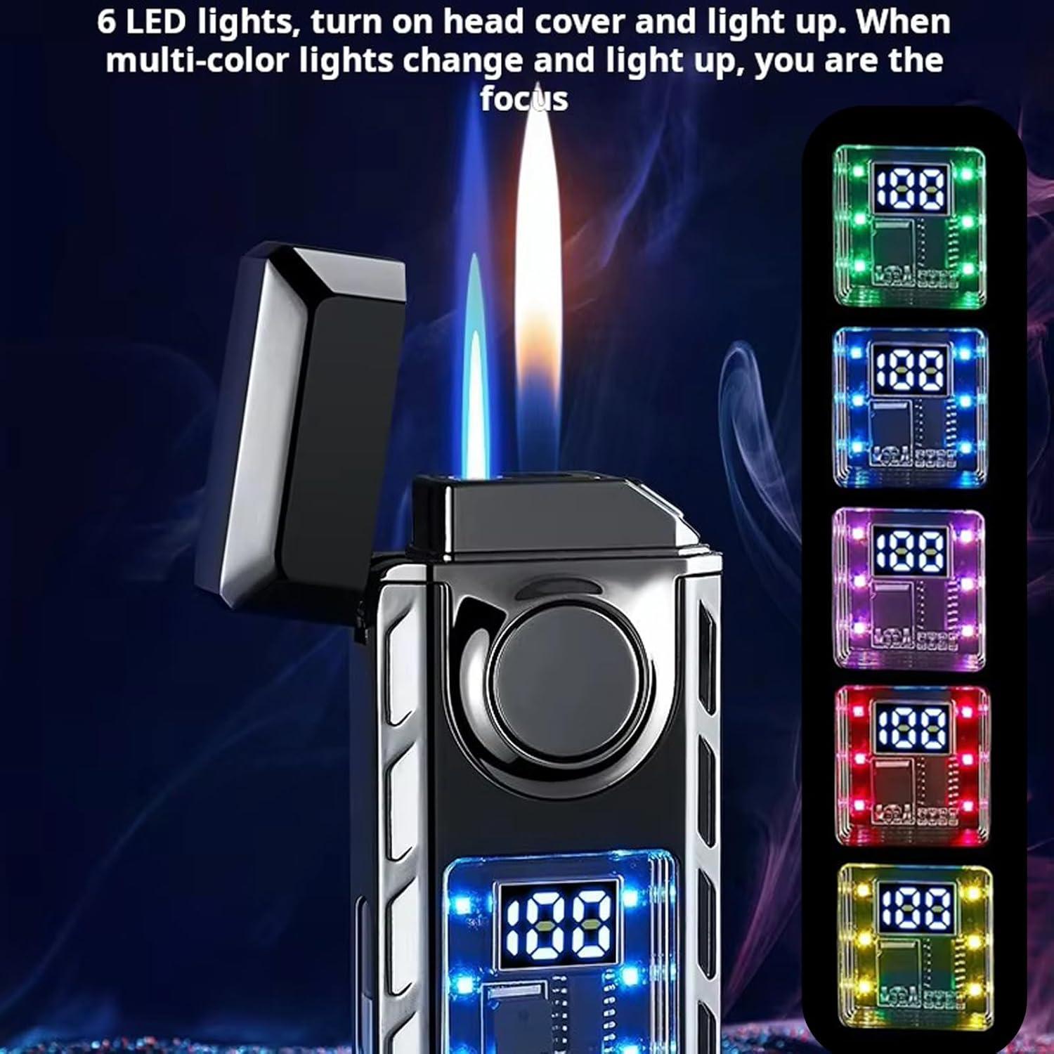 Multi-Functional Dual Flame Lighter mit LEDs, nachfüllbares Feuerzeug für Männer
