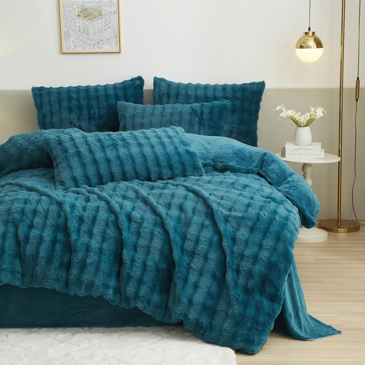 Flauschige Winter Bettwäsche Set 155x220cm Petrol Blau