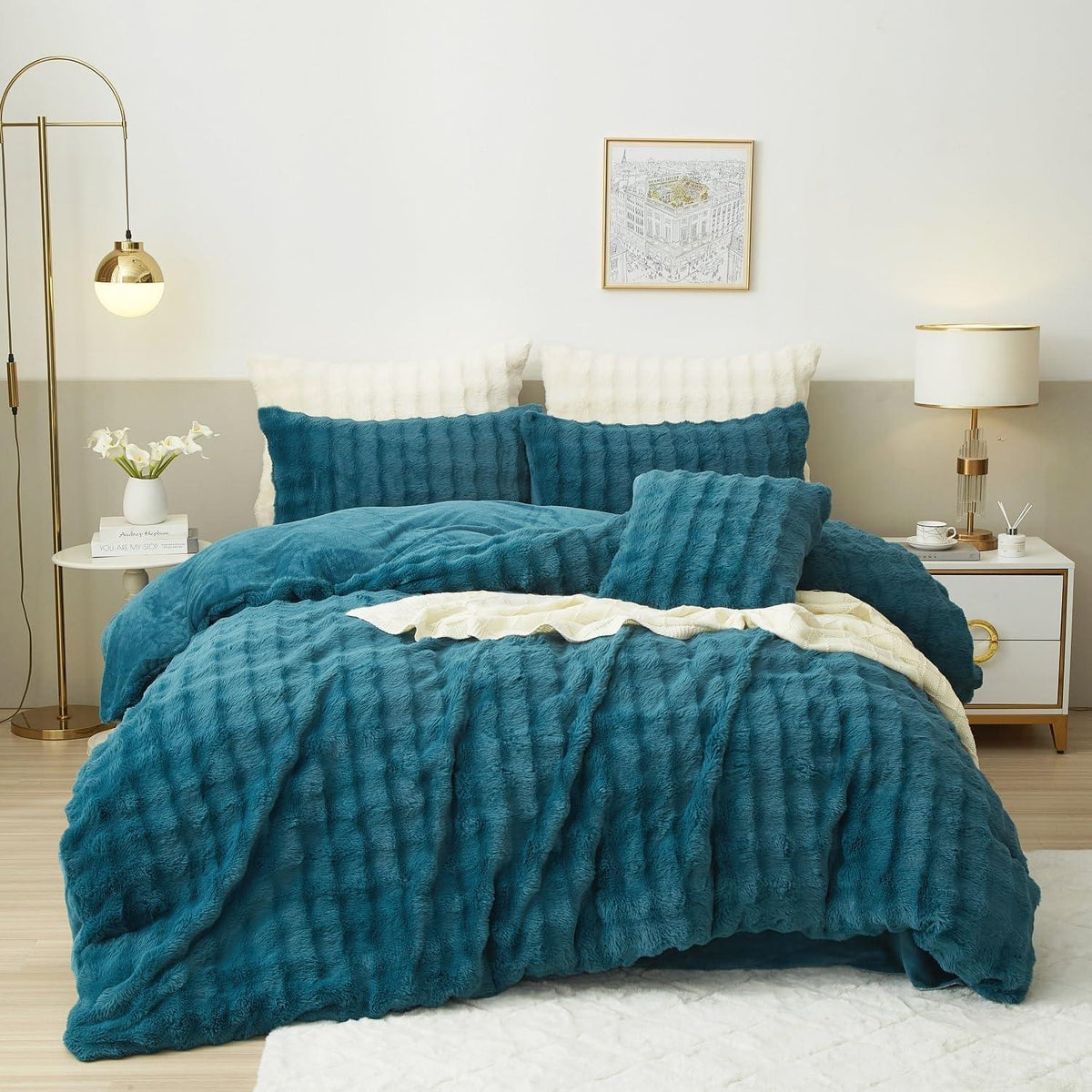 Flauschige Winter Bettwäsche Set 155x220cm Petrol Blau
