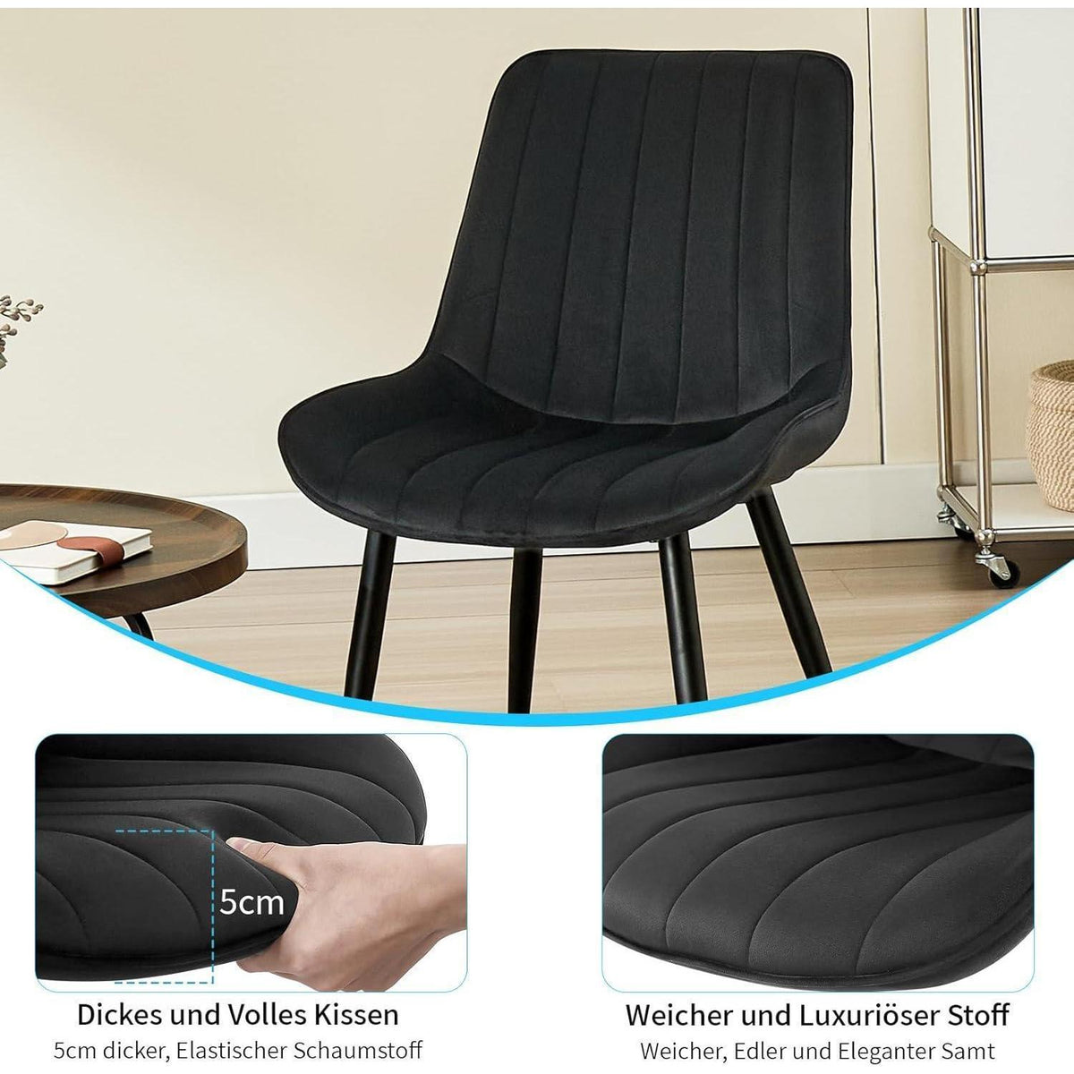 Samt Esszimmerstühle 4er Set mit Metallbeinen Schwarz