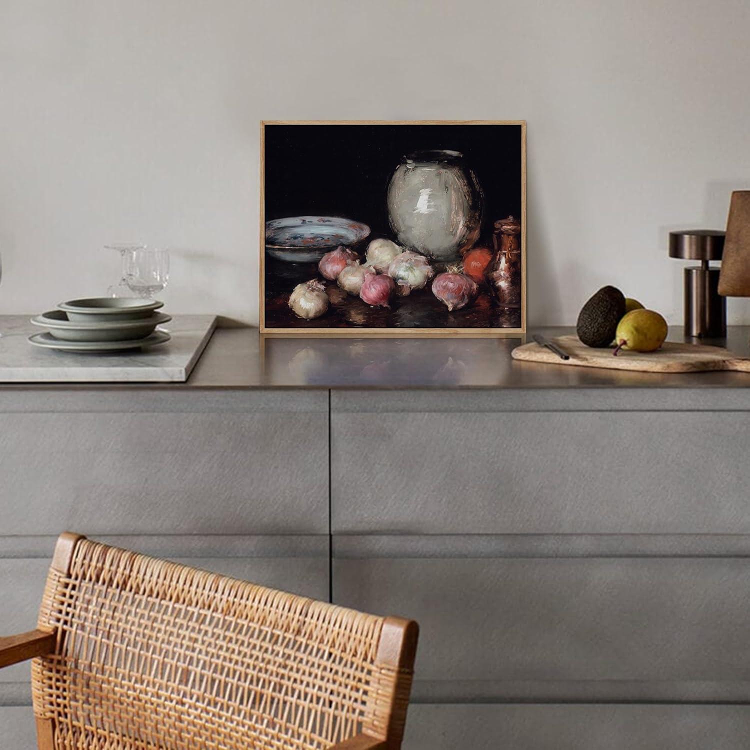 Vintage Leinwandbild mit Holzrahmen 20x25 cm Zwiebeln Stillleben