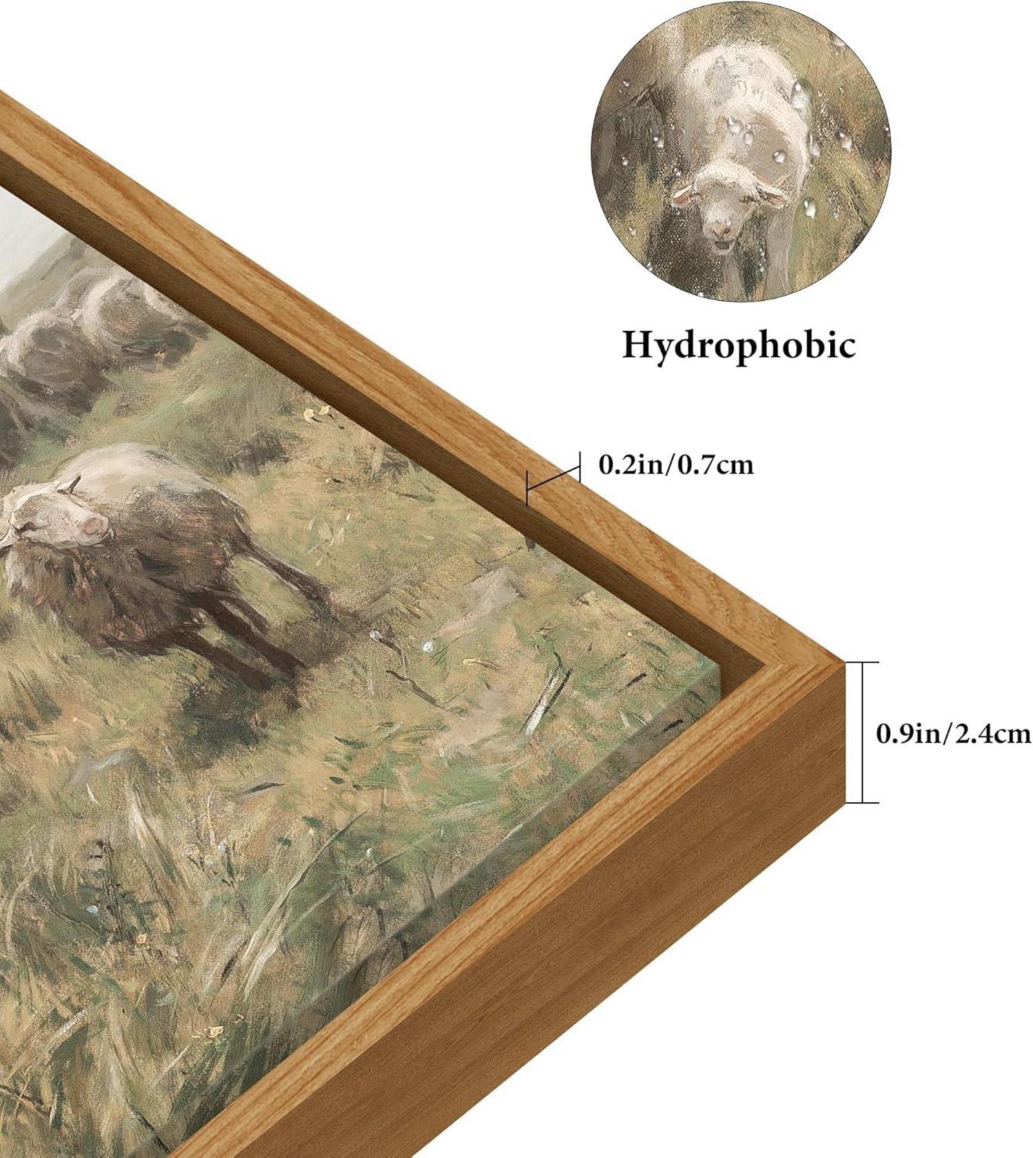Vintage Leinwandbild mit Schafherde auf Wiese, Holzrahmen 60x90cm