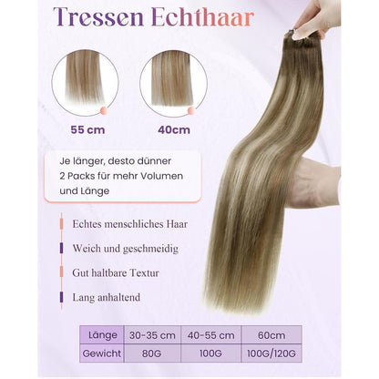 Echthaar Tressen Blayage Braun Ombre 35cm Weft Extensions