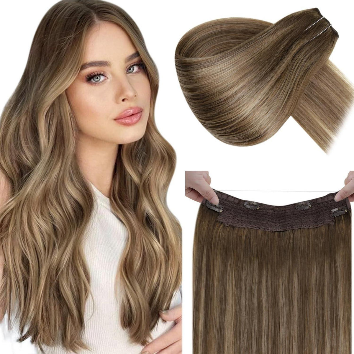 Echthaar Verlängerung Balayage Braun Ombre Gold Blond 35cm
