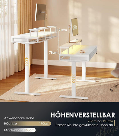 OffiGo Elektrischer Schreibtisch mit Schubladen und Monitorständer, 120cm Höhenverstellbar, Standing Desk mit