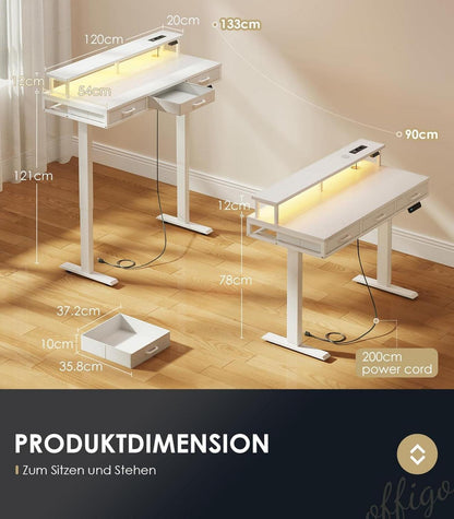 Elektrischer Schreibtisch 120cm Höhenverstellbar Standing Desk Schubladen