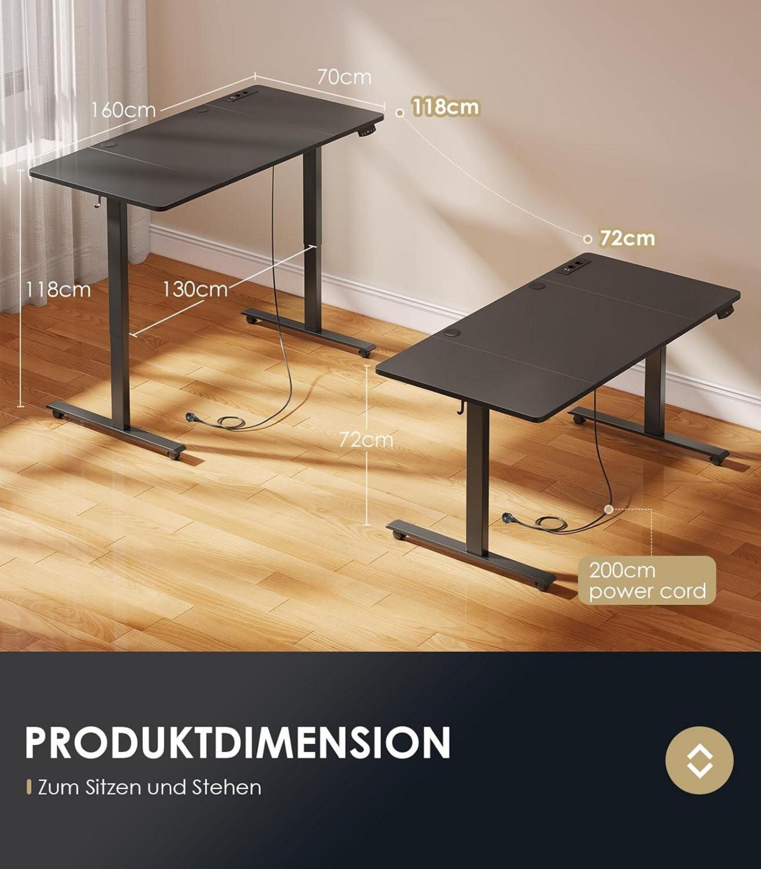 Höhenverstellbarer Schreibtisch 160cm Elektrisch Schwarz USB Desk Memory-Funktion