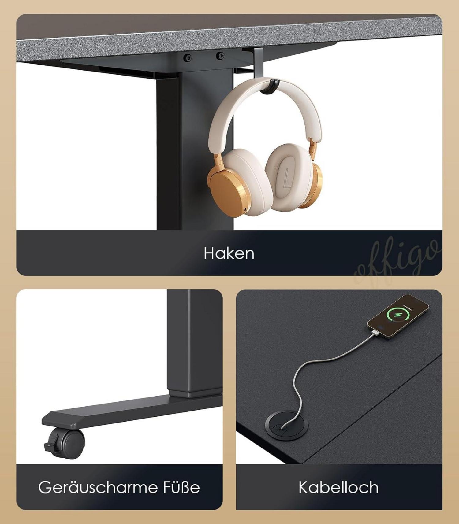 Höhenverstellbarer Schreibtisch Elektrisch 160cm USB Schwarz