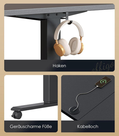 Höhenverstellbarer Schreibtisch Elektrisch 160cm USB Schwarz