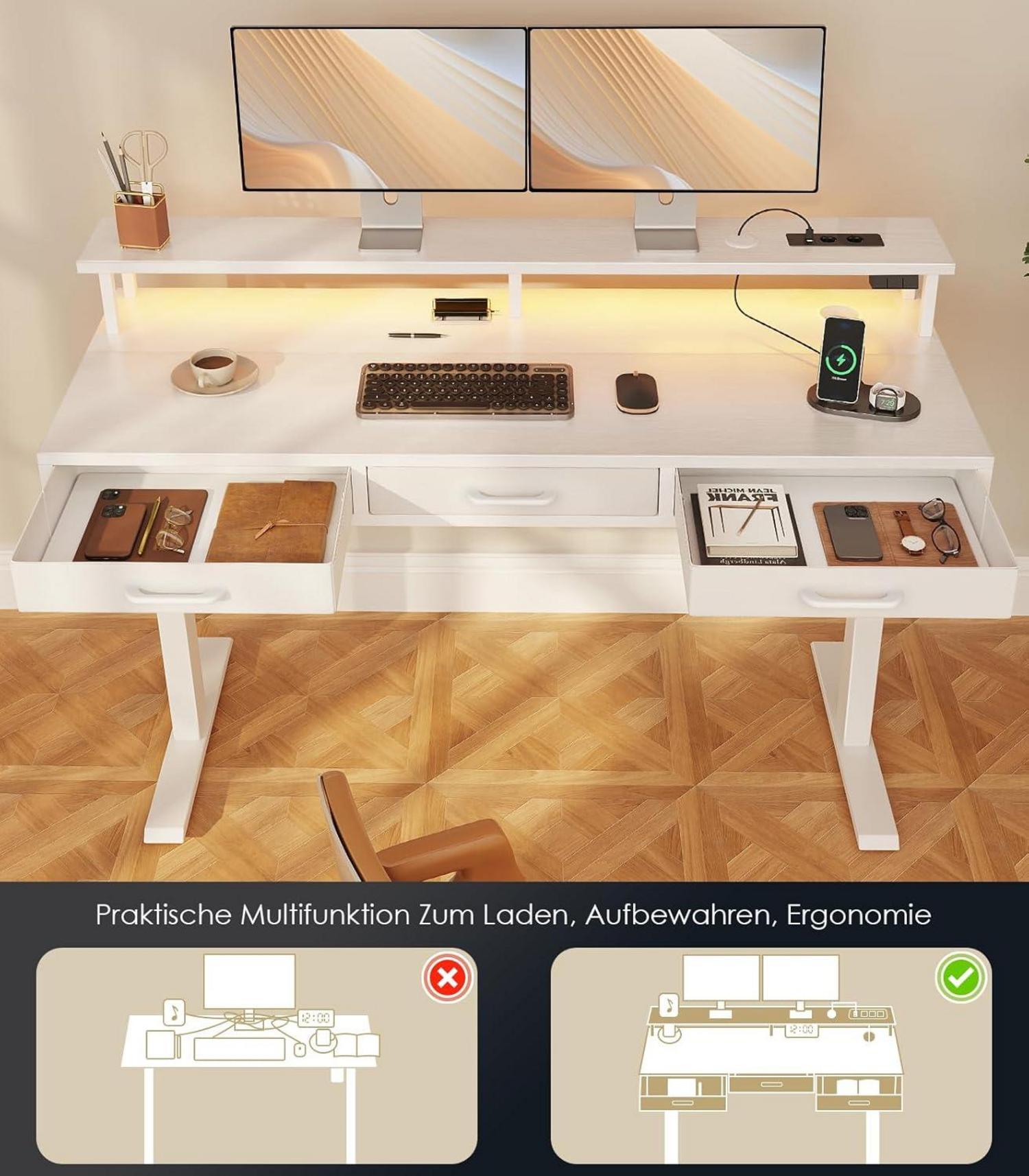Elektrischer Schreibtisch 140cm Höhenverstellbar LED Monitorständer White