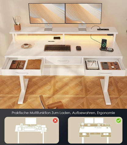 Elektrischer Schreibtisch 140cm Höhenverstellbar LED Monitorständer White