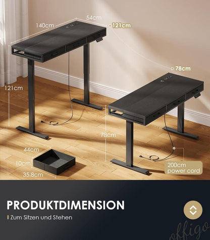 Höhenverstellbarer Schreibtisch Schwarz mit 3 Schubladen 140cm