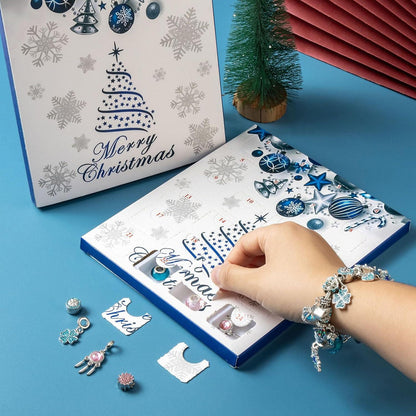 Adventskalender Mädchen Schmuck Armband DIY-Set 2024 12 Rosenblau strassbesetzt