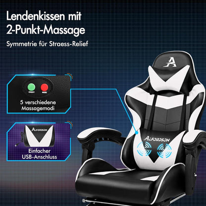Ergonomischer Massage Gaming-Stuhl PU-Leder Weiß mit Fußstütze 180kg