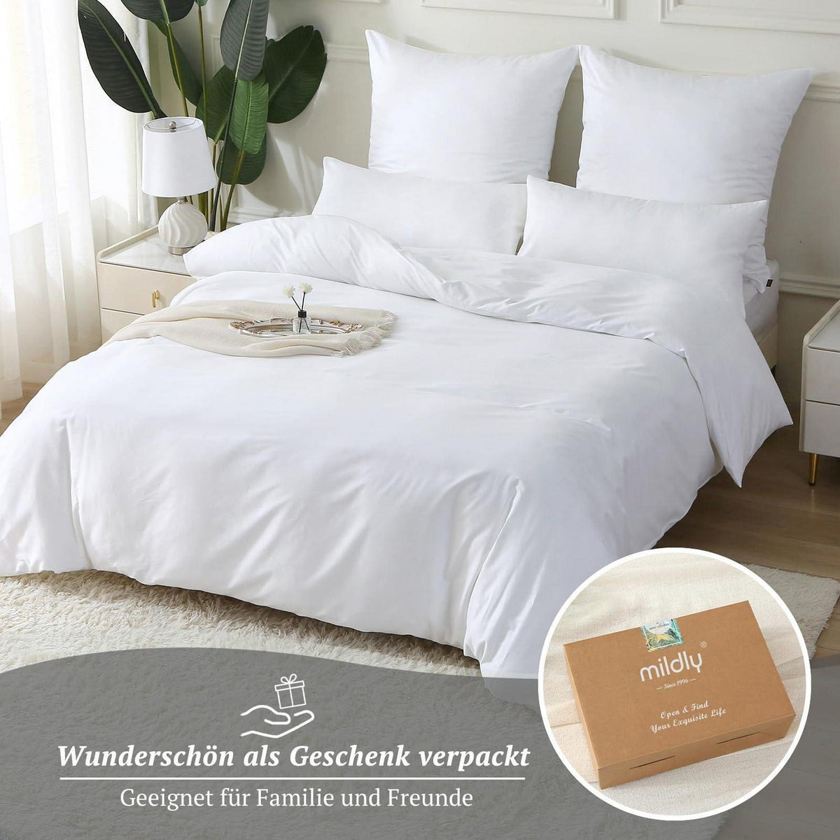 Satin Bettwäsche Set 135x200 - 4tlg. Weiß Baumwolle Luxus