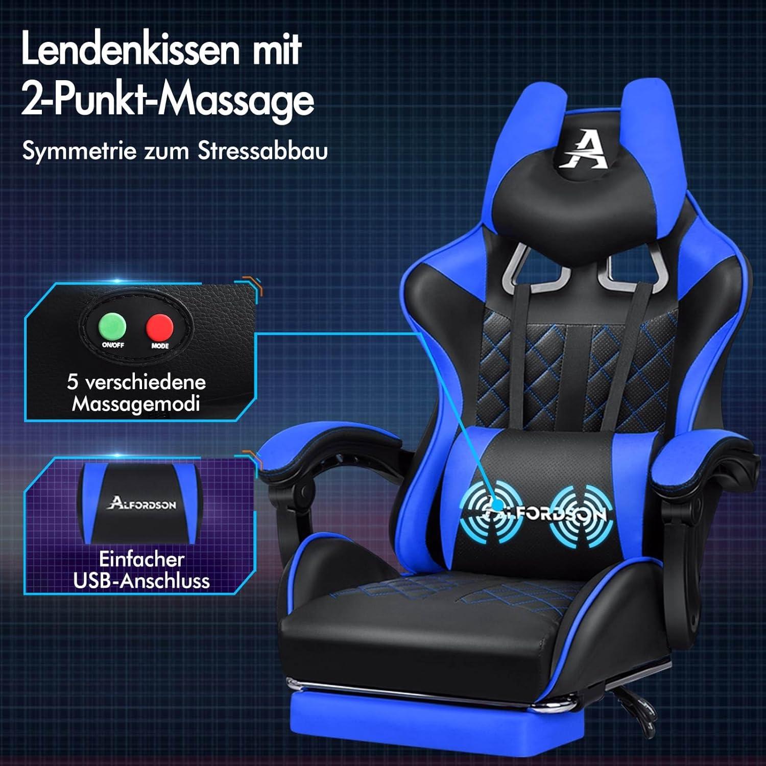Bequemer Gaming-Bürostuhl mit Fußstütze und Lendenkissen, Blau