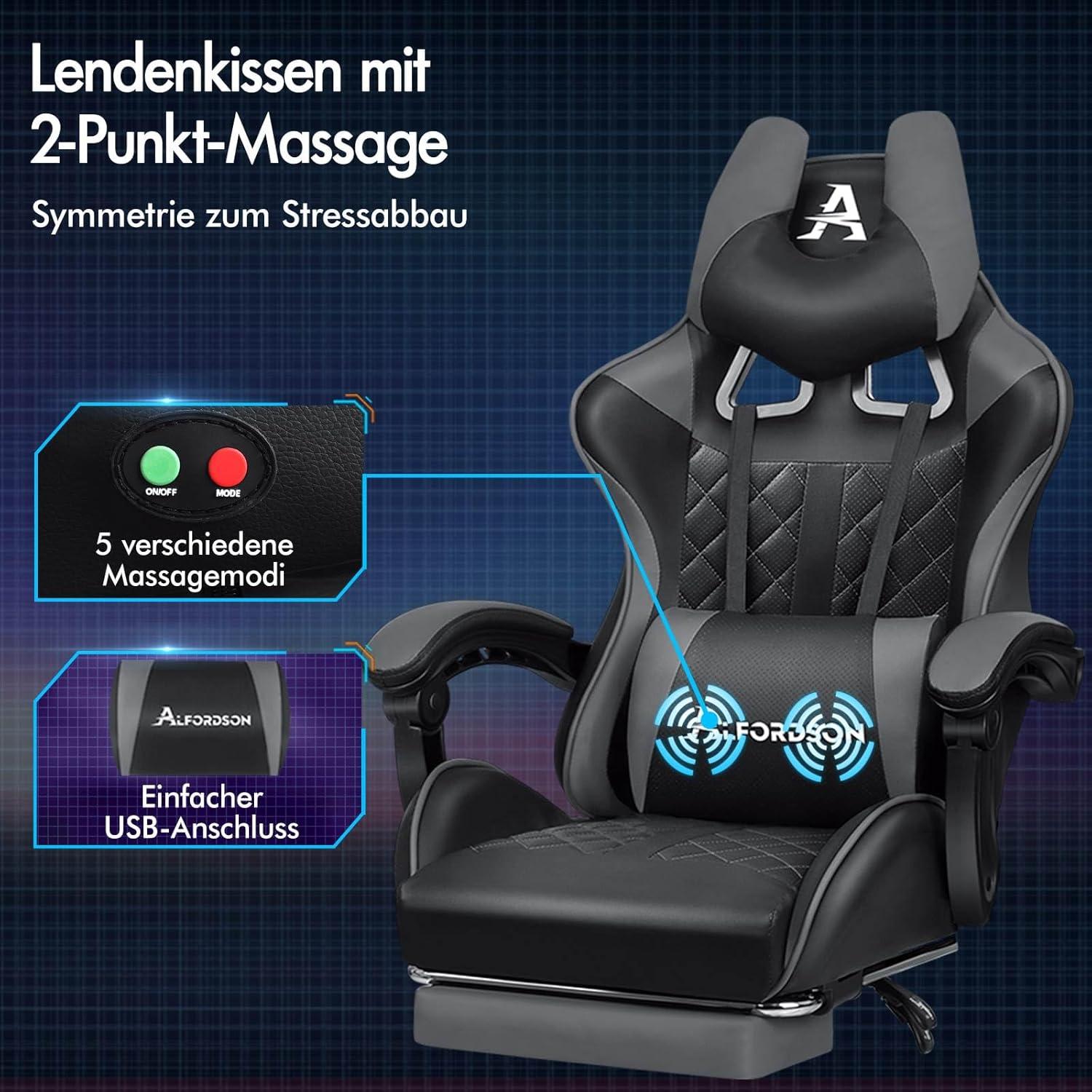Premium Gaming Stuhl mit Fußstütze und Lordosenstütze ergonomisch 180