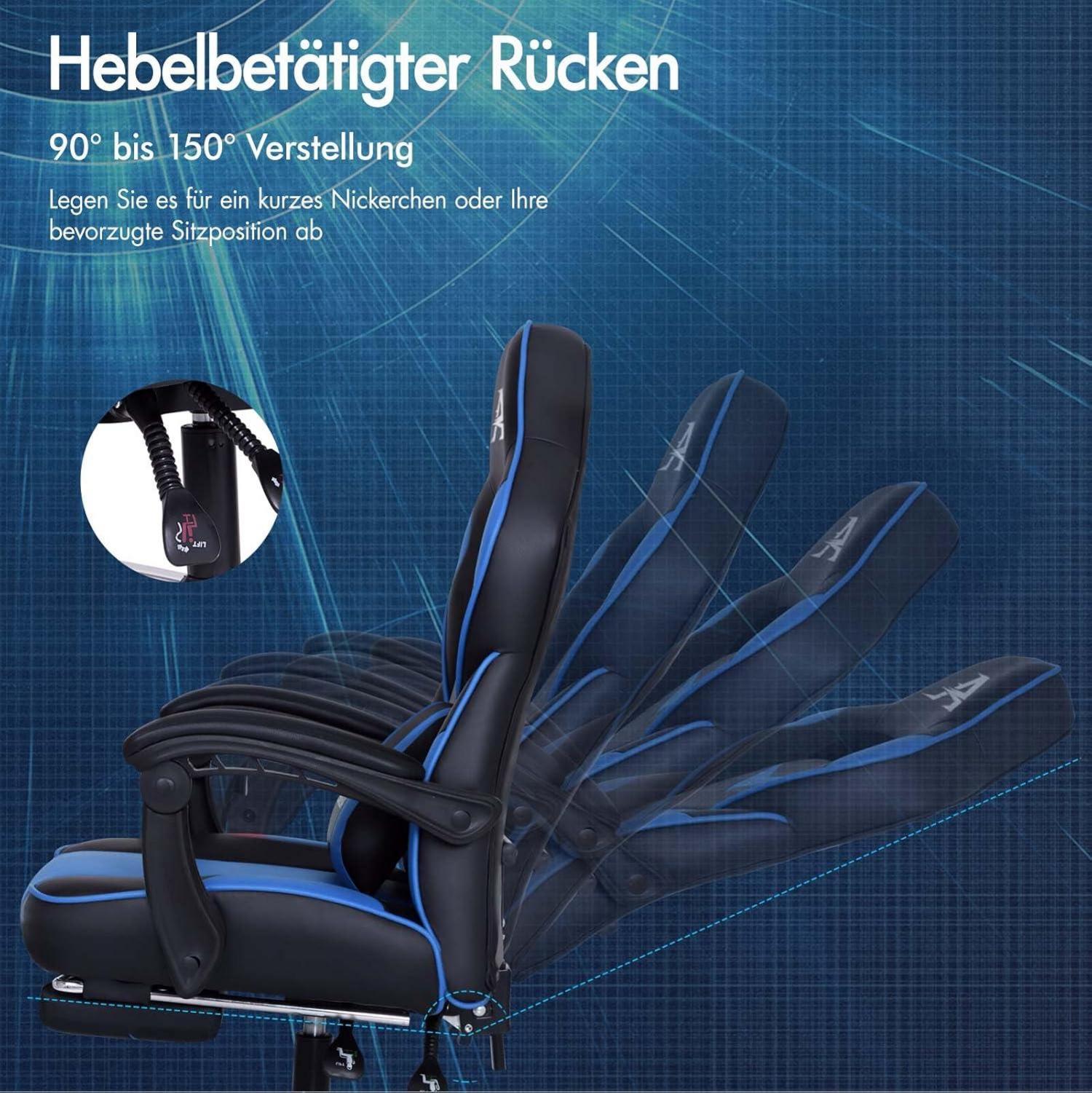 Gaming-Bürostuhl mit Fußstütze und ergonomischer Unterstützung, Blau