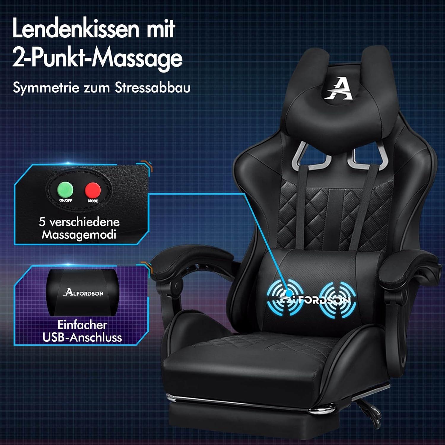Premium-Gaming-Stuhl mit Fußstütze und Lordosenstütze, ergonomisches