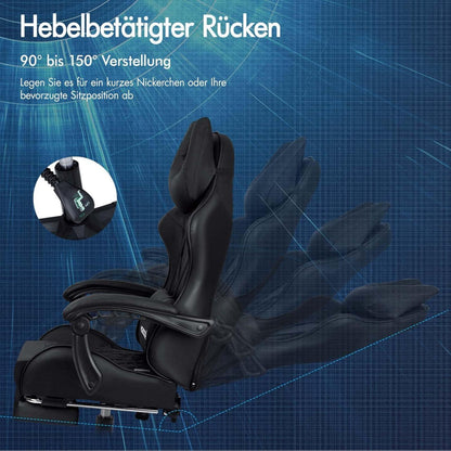 Premium Gaming Stuhl mit Fußstütze und Lordosenstütze, ergonomisches Design, 150° Neigung, Schwarz