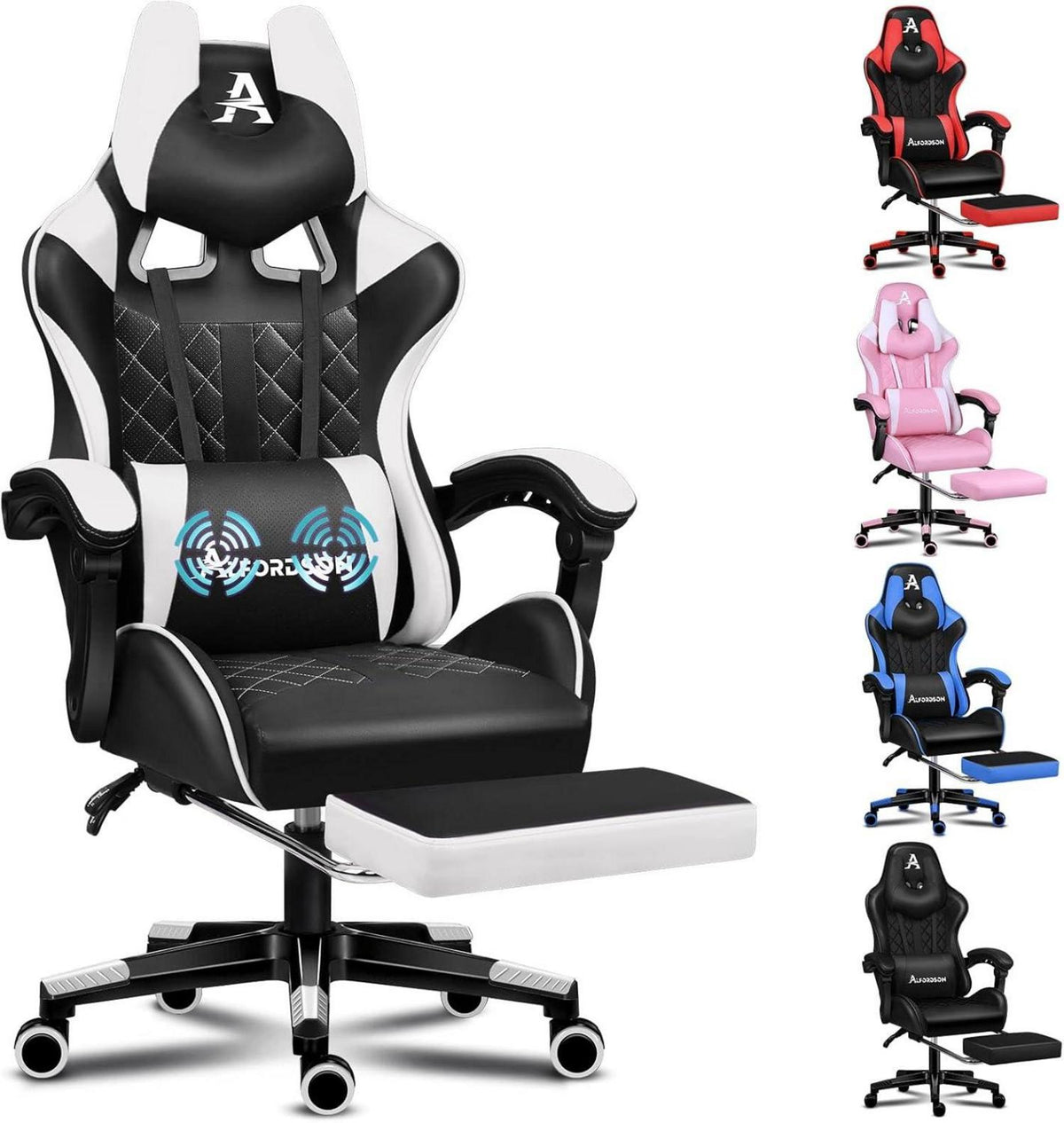 Gaming-Bürostuhl mit Fußstütze, Lendenkissen & Neigungsverstellung