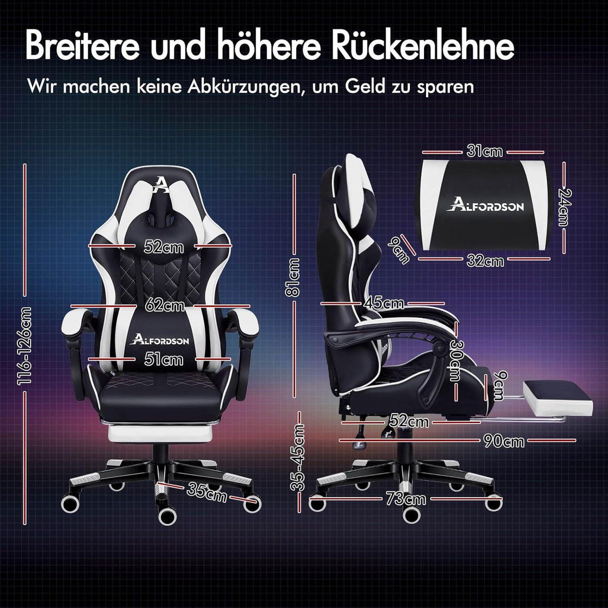 Gaming-Bürostuhl mit Fußstütze, Lendenkissen & Neigungsverstellung
