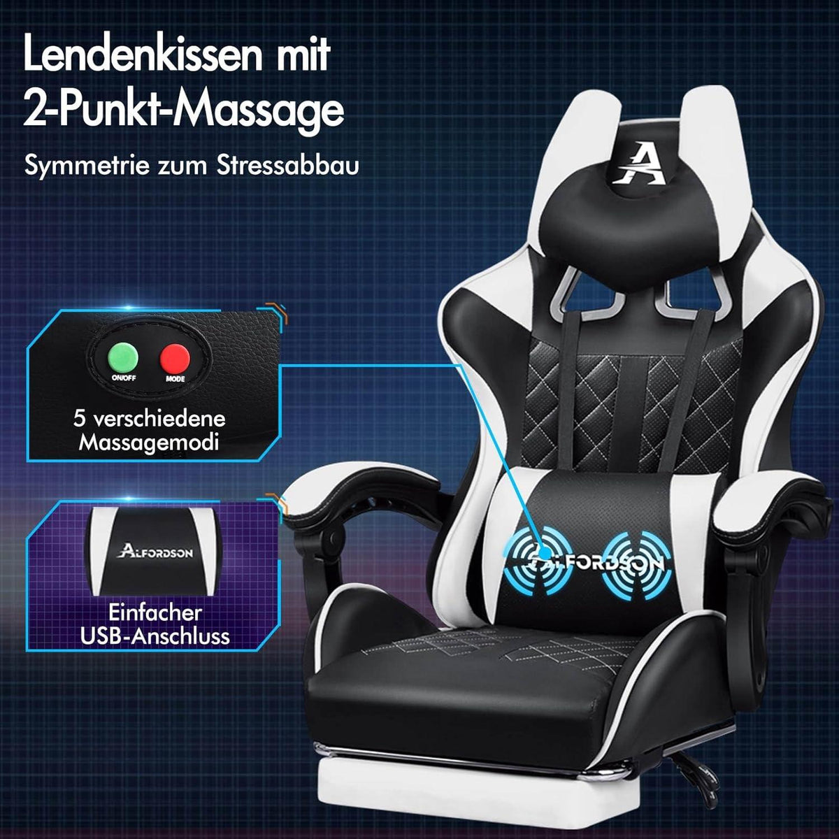 ALFORDSON Gaming-Bürostuhl mit Fußstütze und Lendenkissen