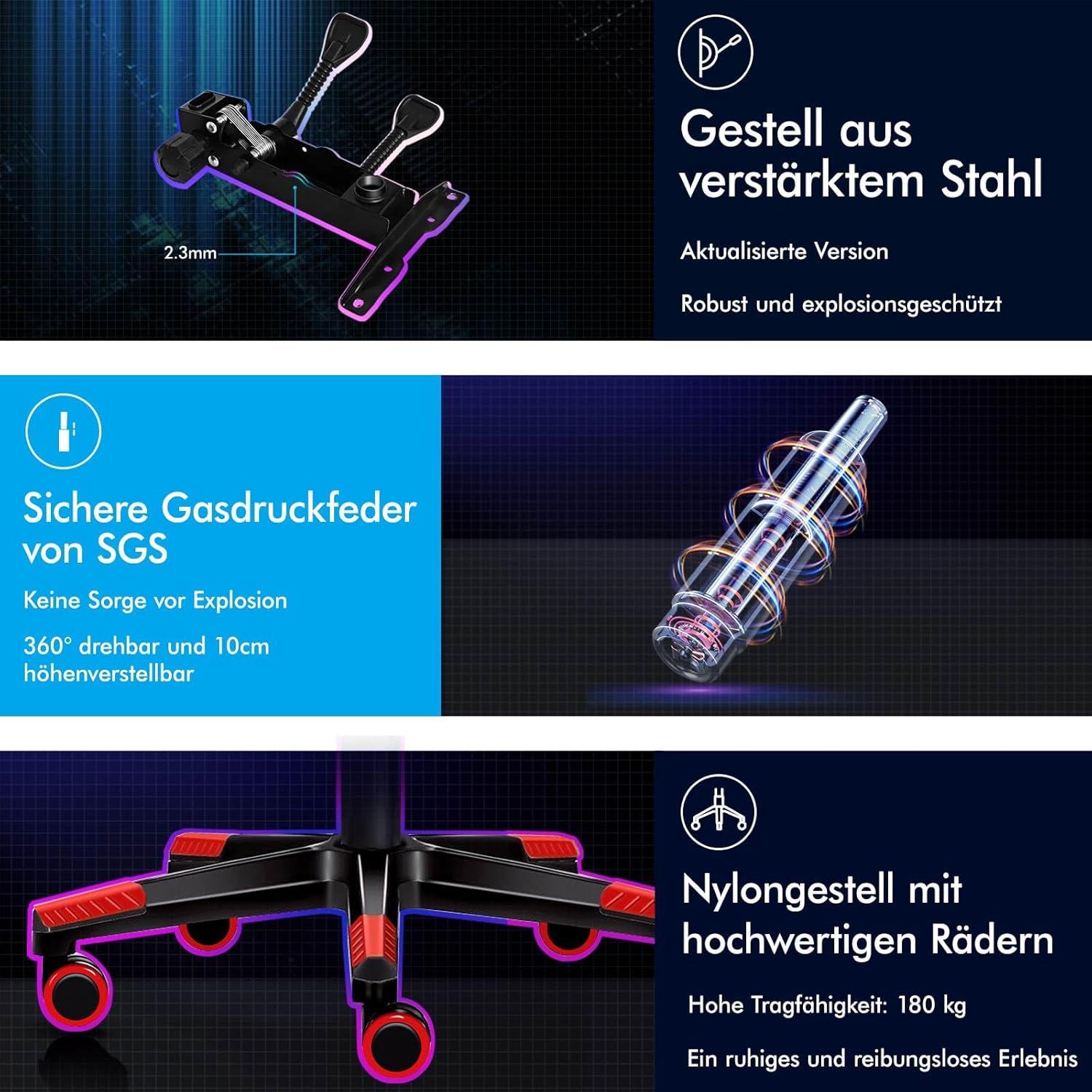 Premium Gaming Stuhl mit Fußstütze und Lordosenstütze, ergonomisches