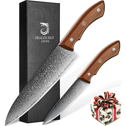 Damast Küchenmesser Set 2er Set | Japanisches Kochmesser & Gemüsemesser