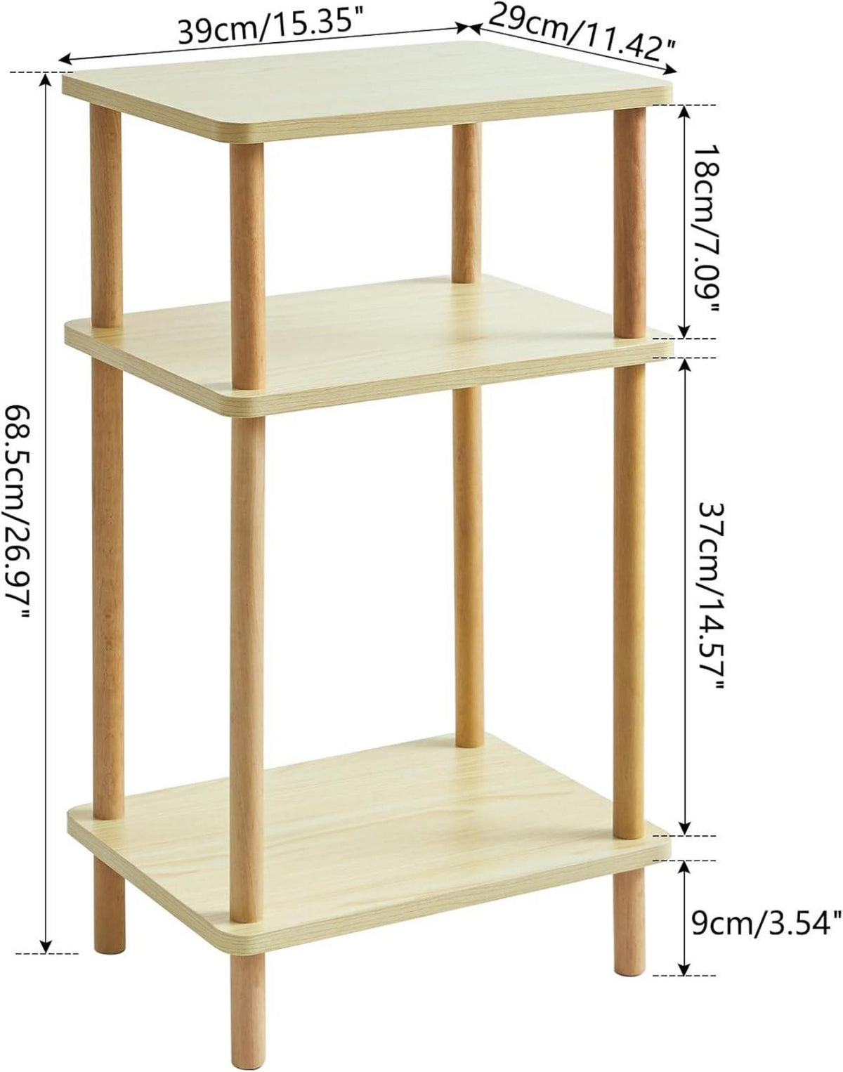 Beistelltisch mit 3 Ebenen 39x29x68.5cm Natürliches Holz Design